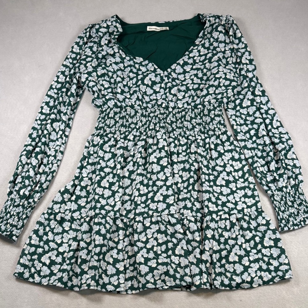 Abercrombie & Fitch Green Floral Smocked Waist Long Sleeve Mini Dress Womens M
